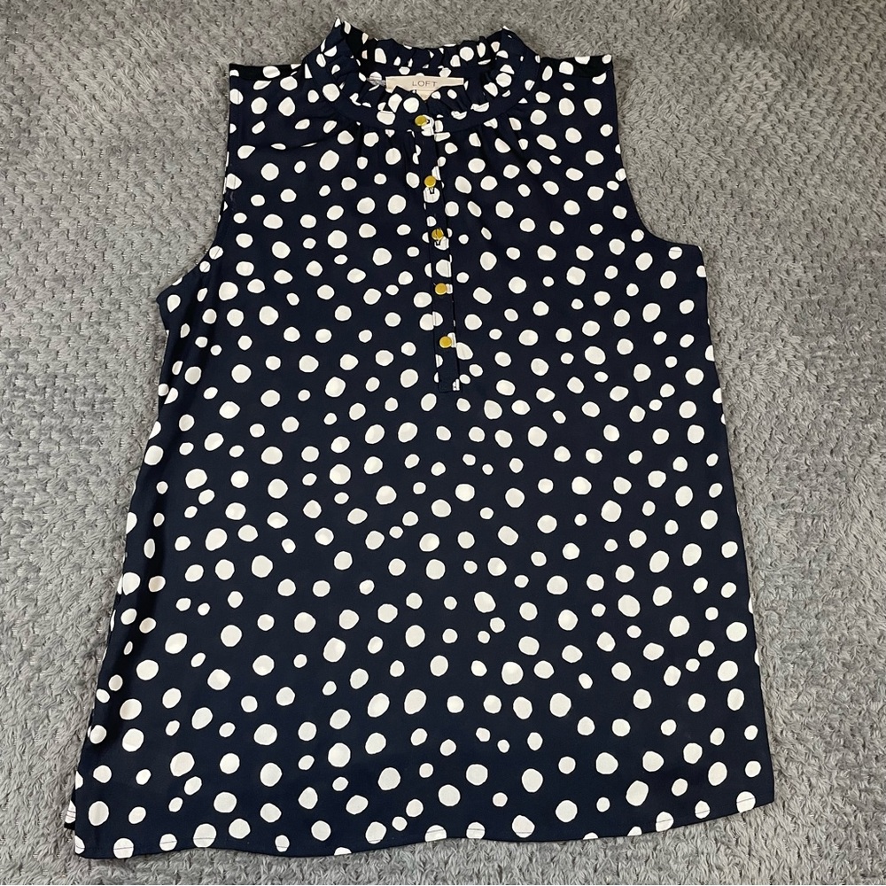 LOFT Women's Blue Polka-Dot Sleeveless Blouse Size Small Office Preppy - Picture 2 of 7